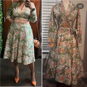 Vintage Floral Green and Pink Women's Dress-size 12